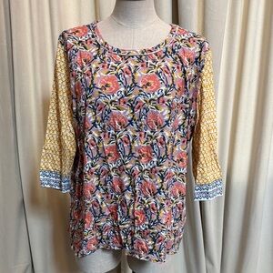 Cino XXL Printed Floral block print 3/4 Sleeve Top - Pink & Mustard BLUE
